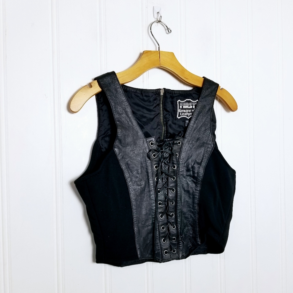 Vintage Black Leather Vest Womens Lace Up Knit Sides Size XL Biker Rodeo Punk